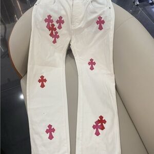 Chrome Hearts White Jeans with Pink Cross Accents